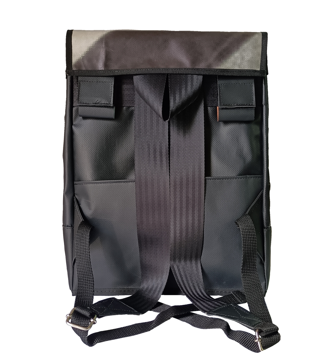 backpack publicity banner black and white