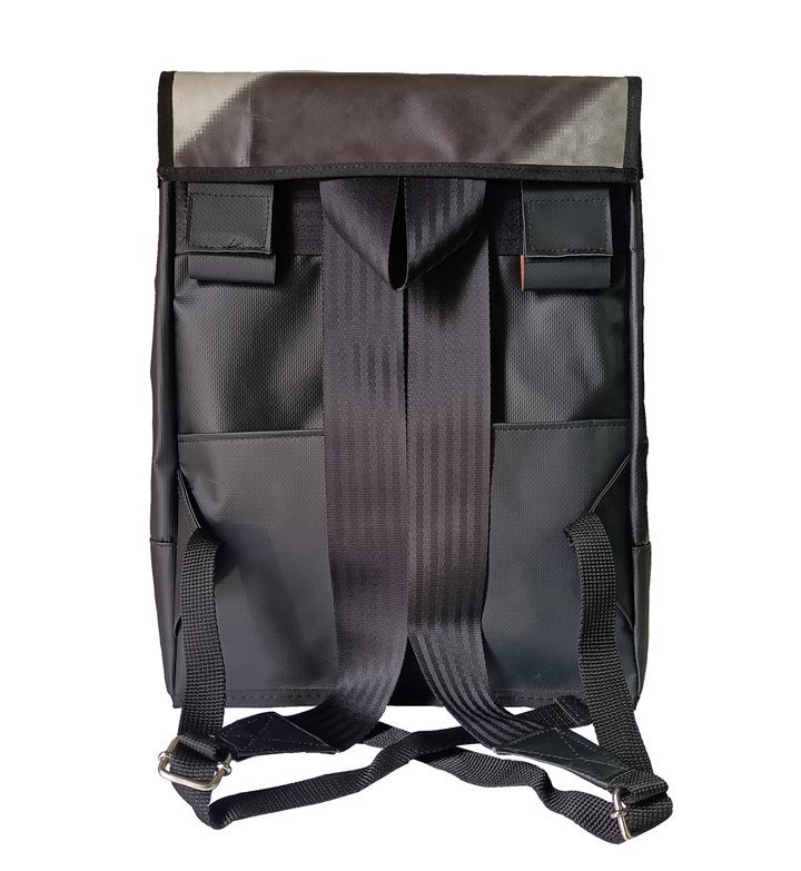 backpack publicity banner black and white