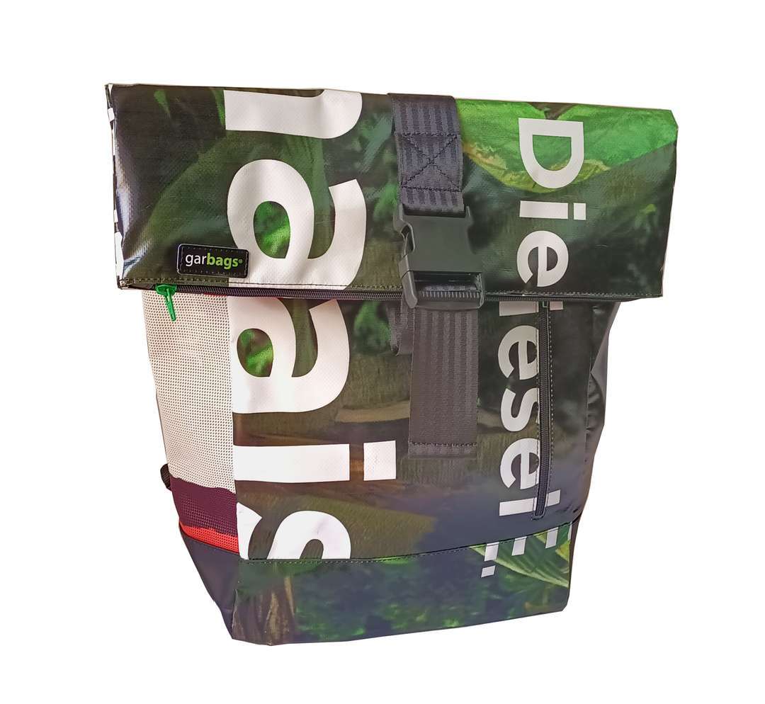 backpack urban publicity banner earth tones & white letters