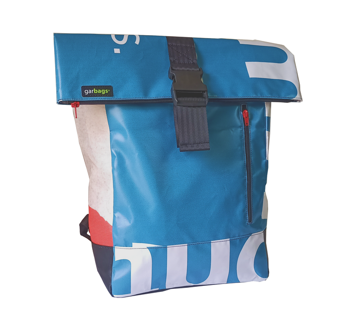 backpack urban publicity banner blue & white letters