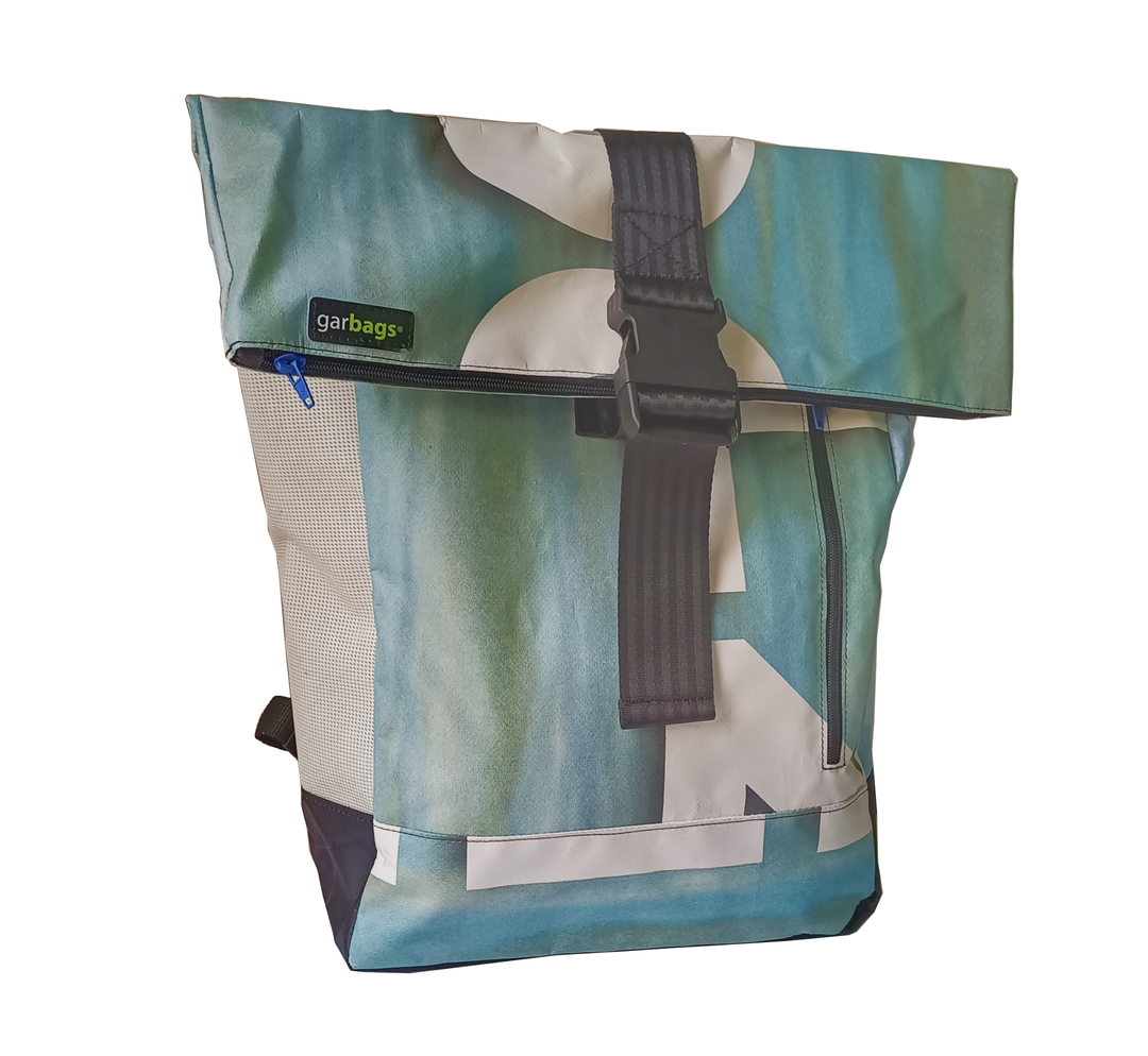 backpack urban publicity banner blue tones & white