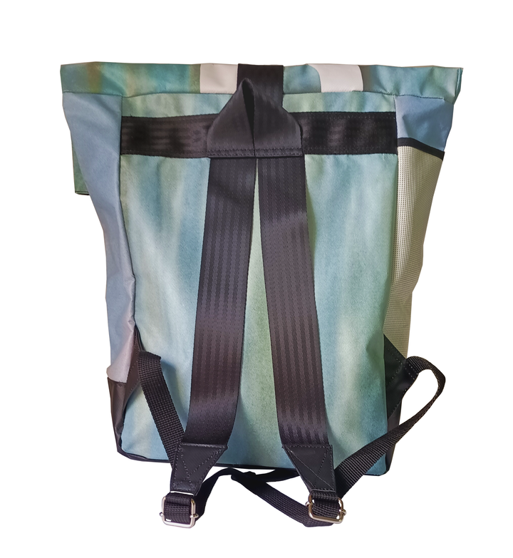 backpack urban publicity banner blue tones & white