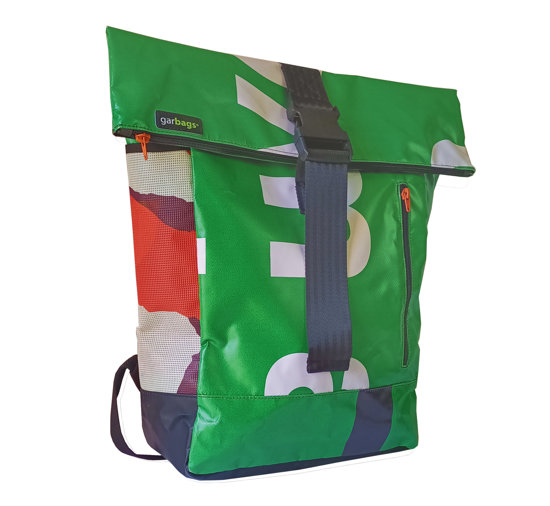 backpack urban publicity banner green & white letters