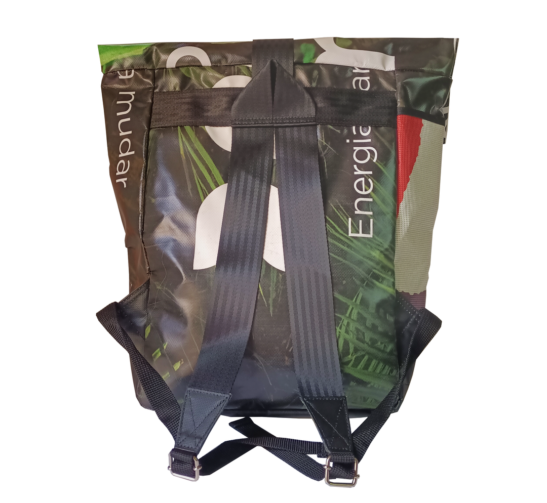 backpack urban publicity banner earth tones & white letters