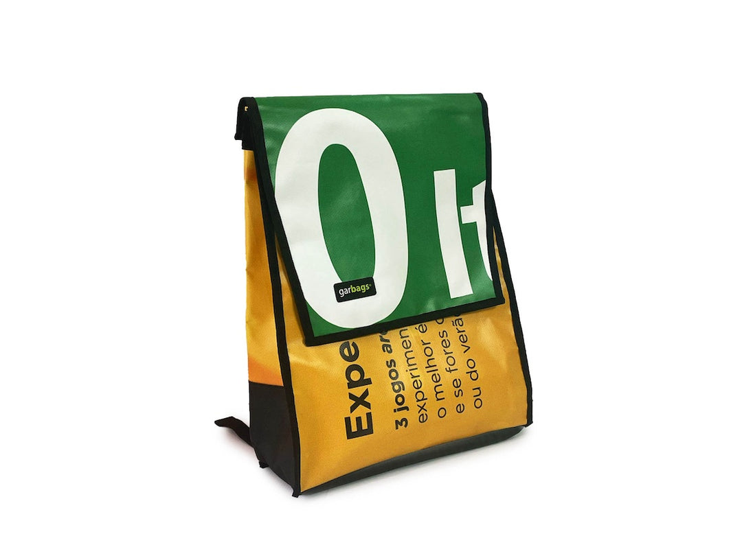 backpack publicity banner yellow, white & green