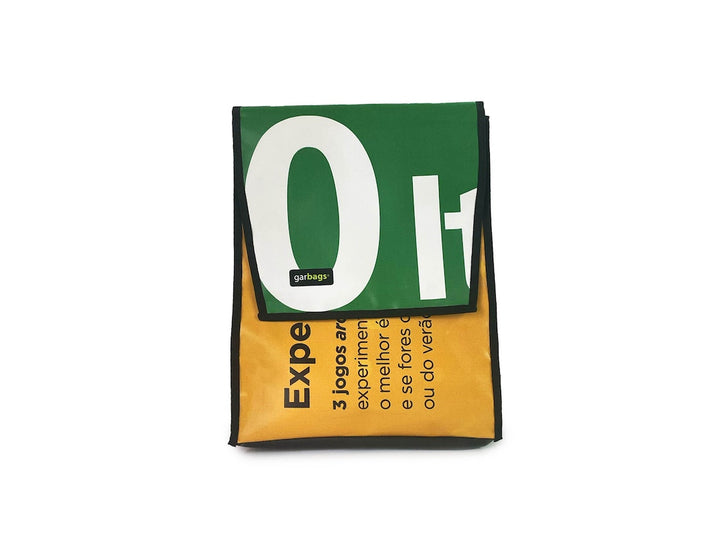 backpack publicity banner yellow, white & green