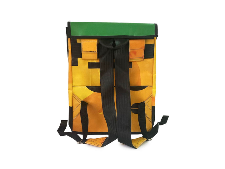 backpack publicity banner yellow, white & green