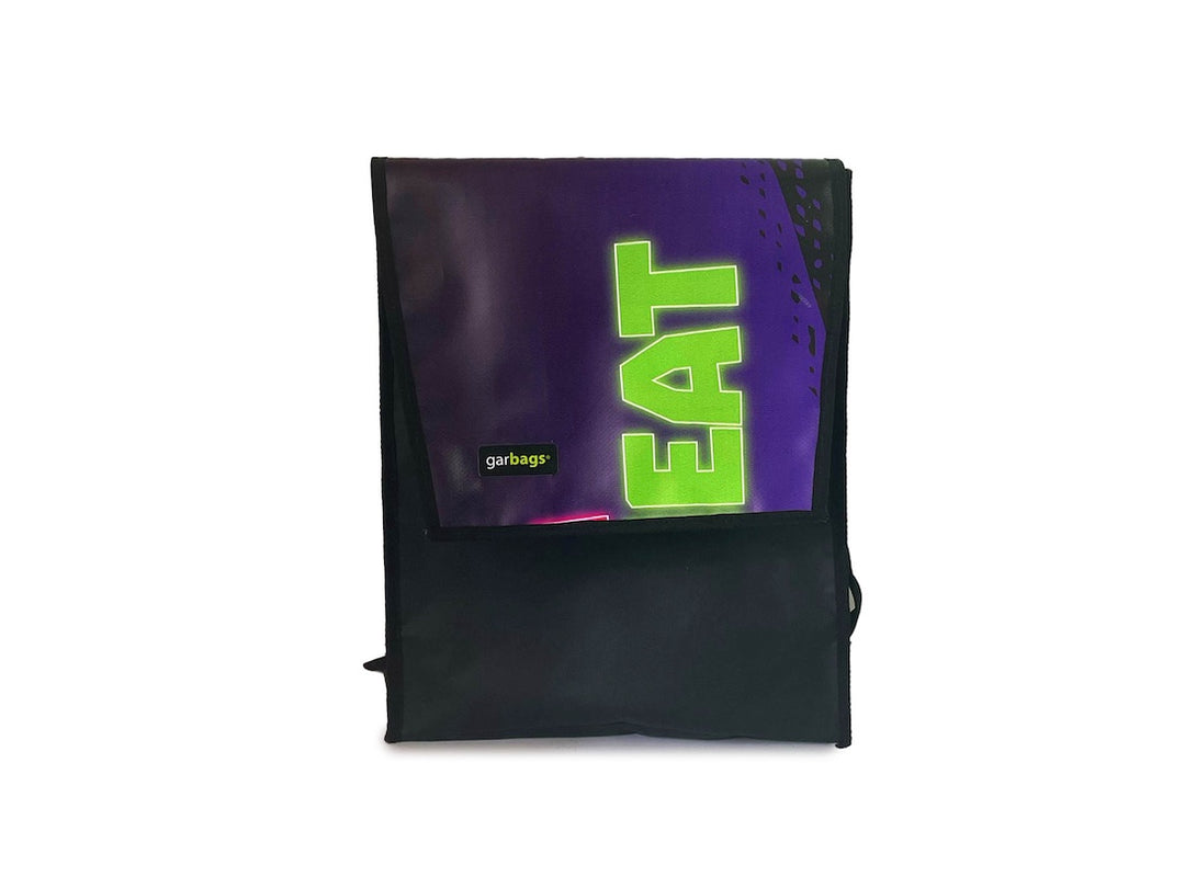 backpack publicity banner green & deep purple
