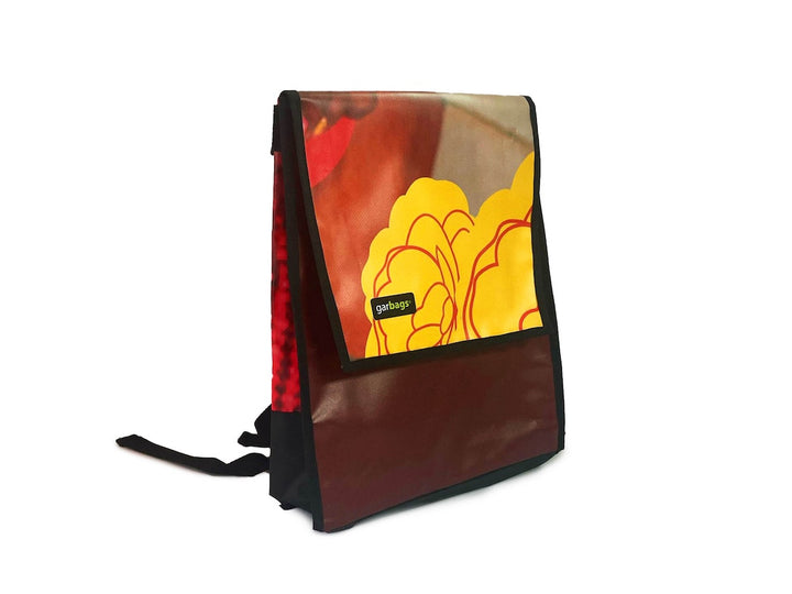 backpack publicity banner yellow, off-white & orange