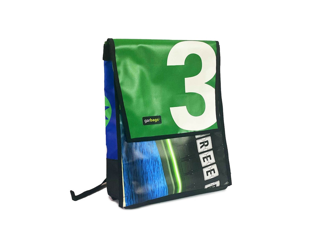 backpack publicity banner blue, white & green
