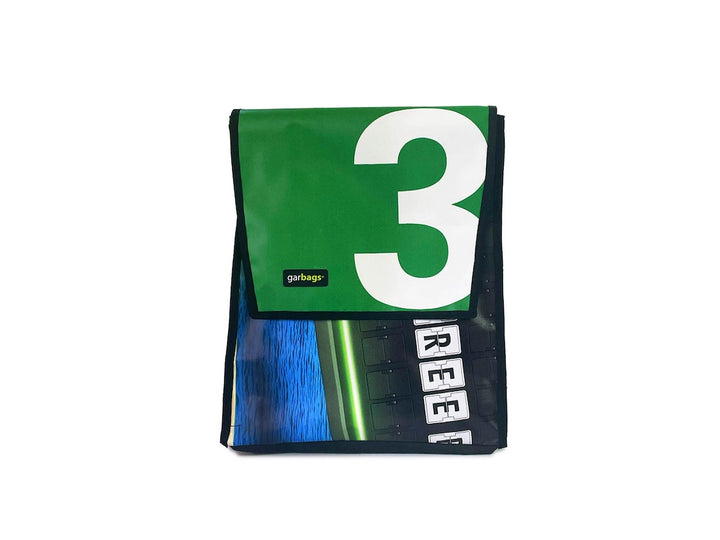 backpack publicity banner blue, white & green