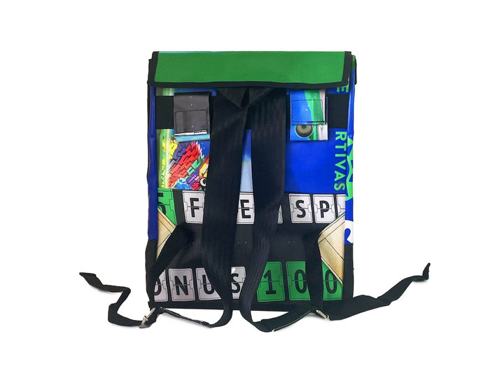 backpack publicity banner blue, white & green