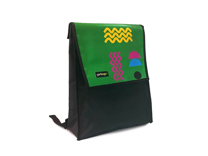 backpack publicity banner green, pink & yellow