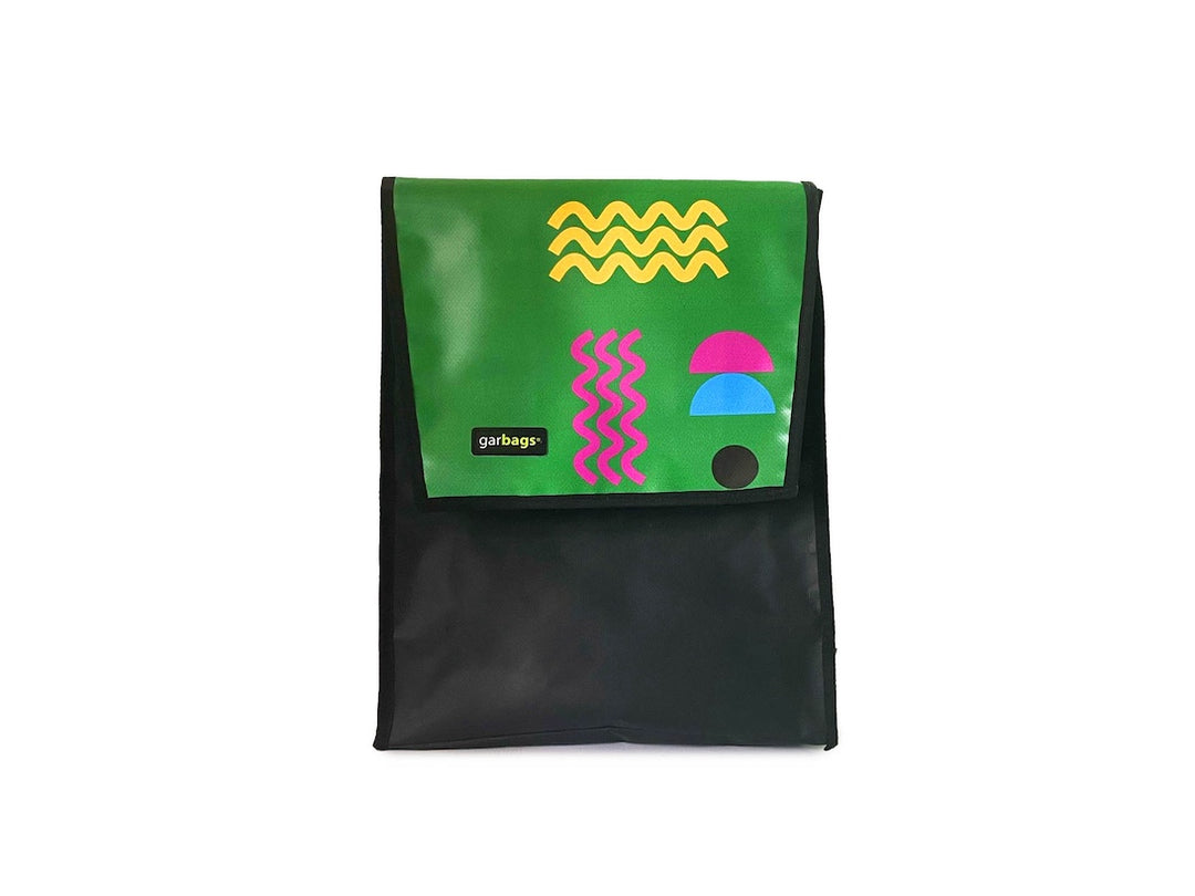 backpack publicity banner green, pink & yellow