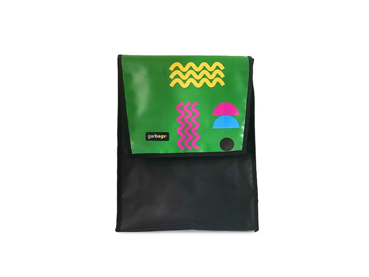 backpack publicity banner green, pink & yellow