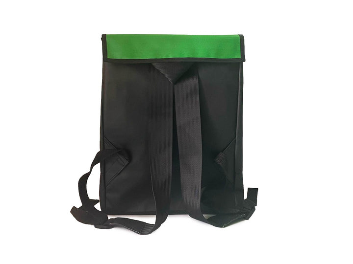 backpack publicity banner green, pink & yellow
