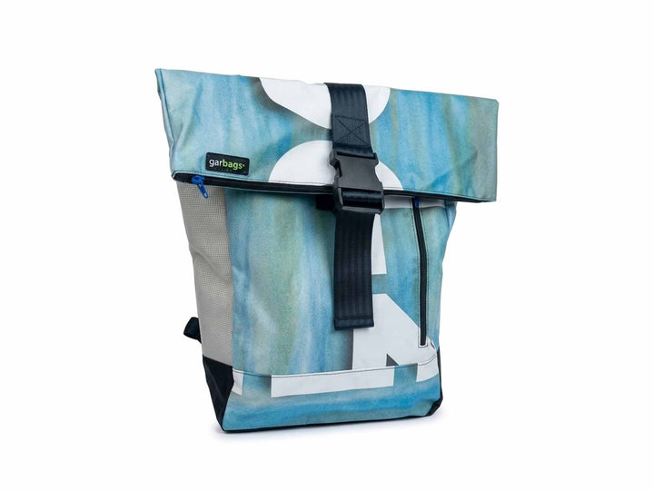 backpack urban publicity banner blue tones & white