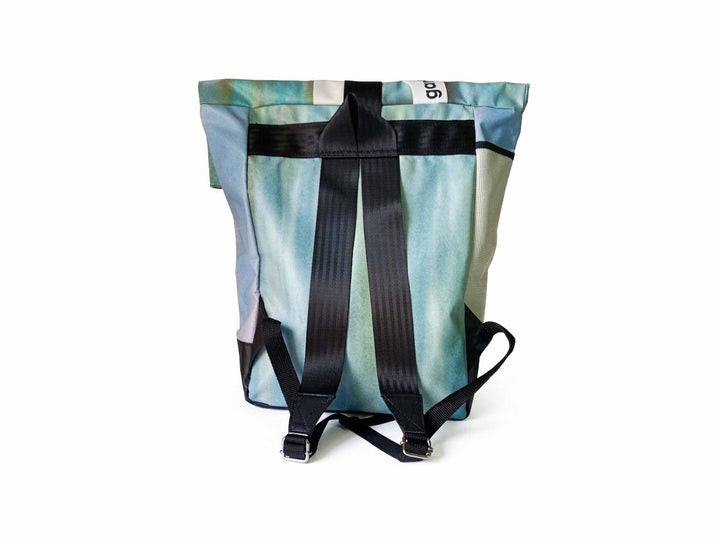 backpack urban publicity banner blue tones & white