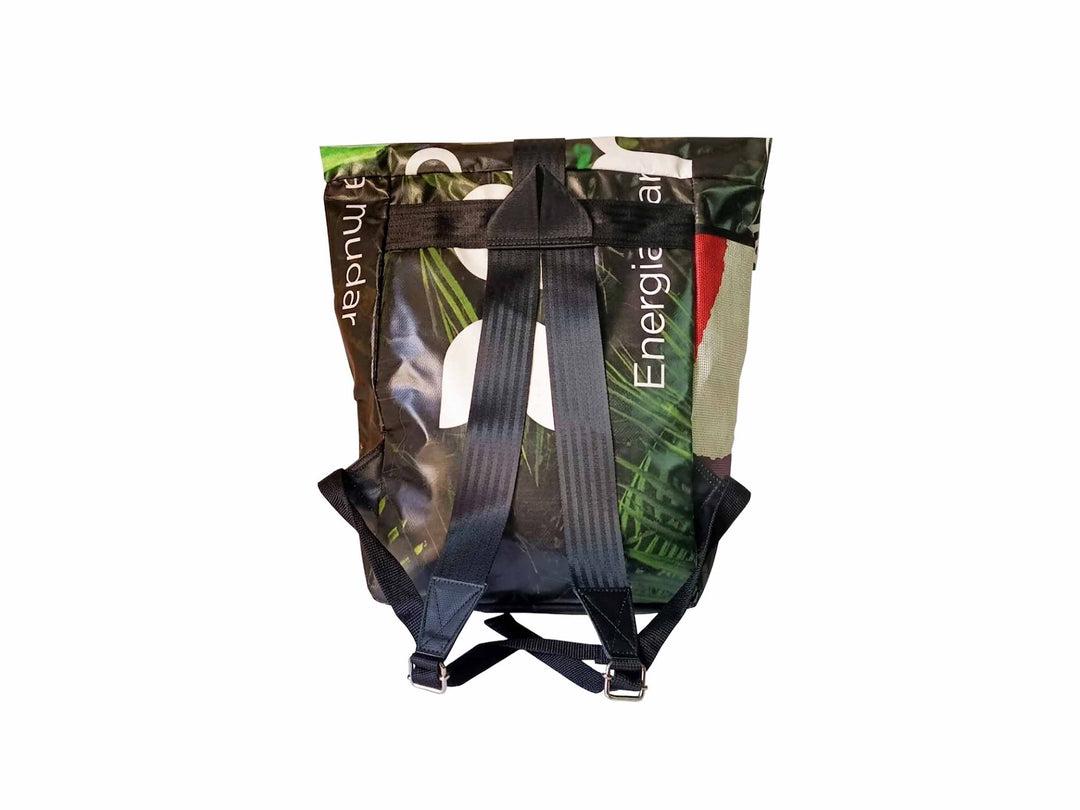 backpack urban publicity banner earth tones & white letters