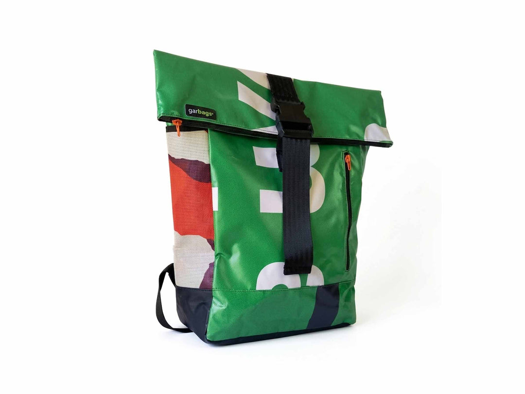 backpack urban publicity banner green & white letters