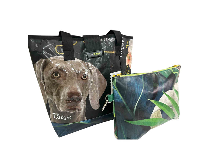 shopping bag with clutch pet food package black dog