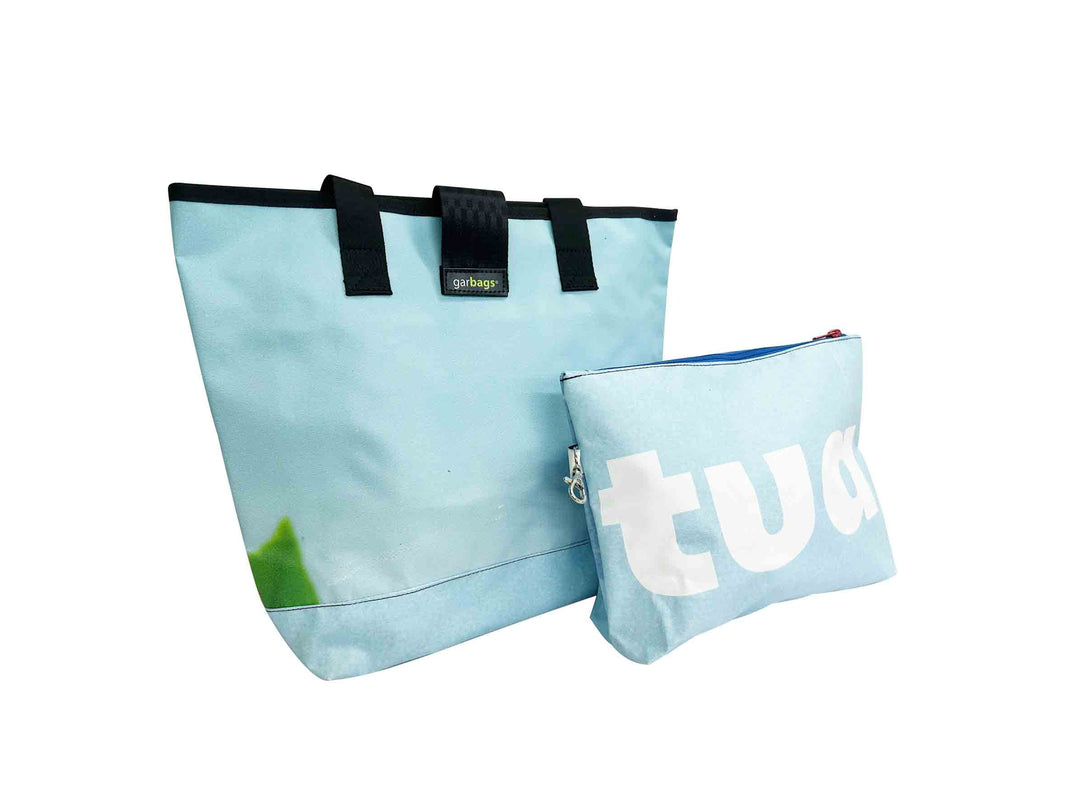 shopping bag with clutch publicity banner light blue