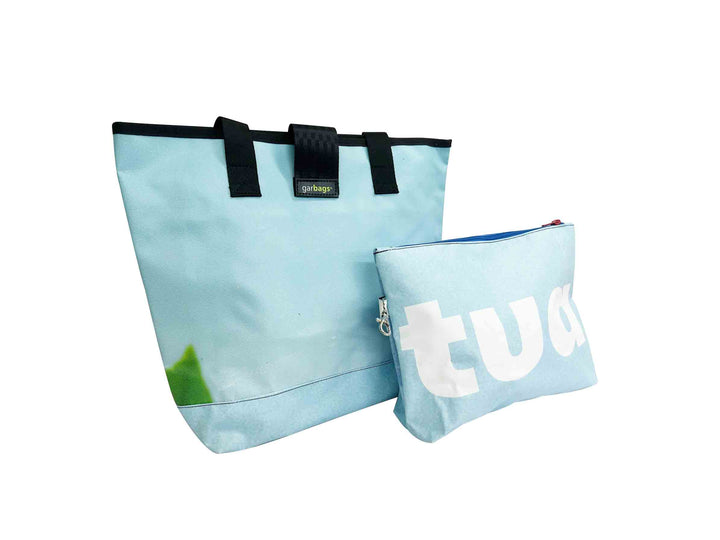 shopping bag with clutch publicity banner light blue
