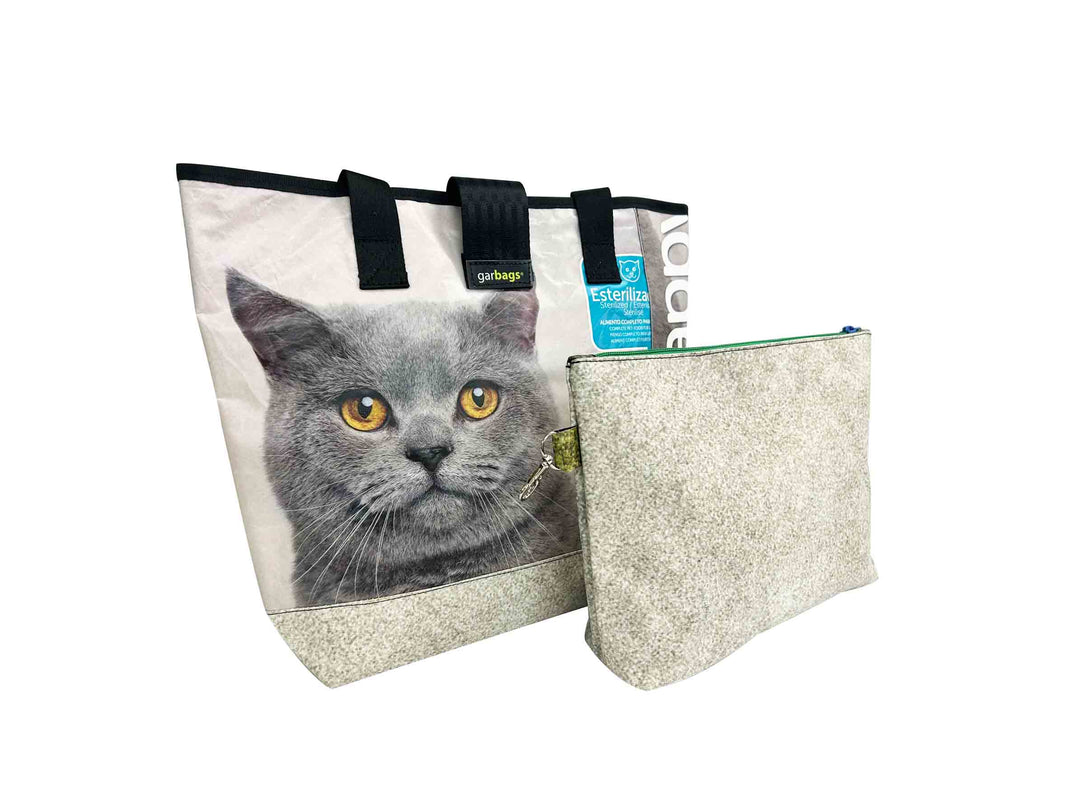 shopping bag with clutch pet food package grey cat