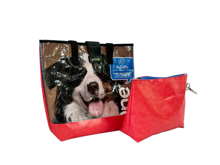 shopping bag with clutch pet food package black, white & brown dog