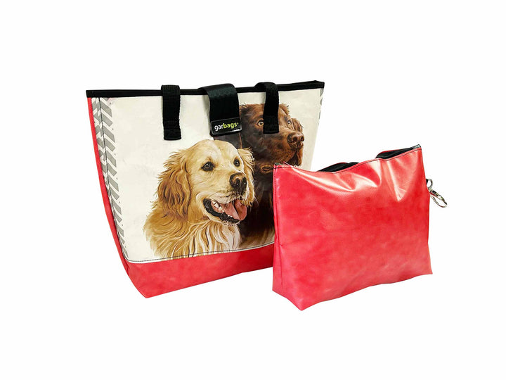 shopping bag with clutch pet food package caramel and black dogs