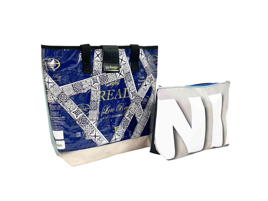 shopping bag with clutch coffee package blue tiles