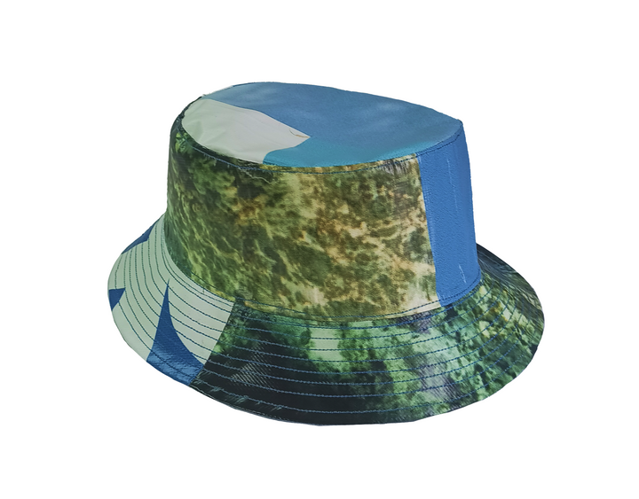 Bucket Hat publicity banner blue and green leaves