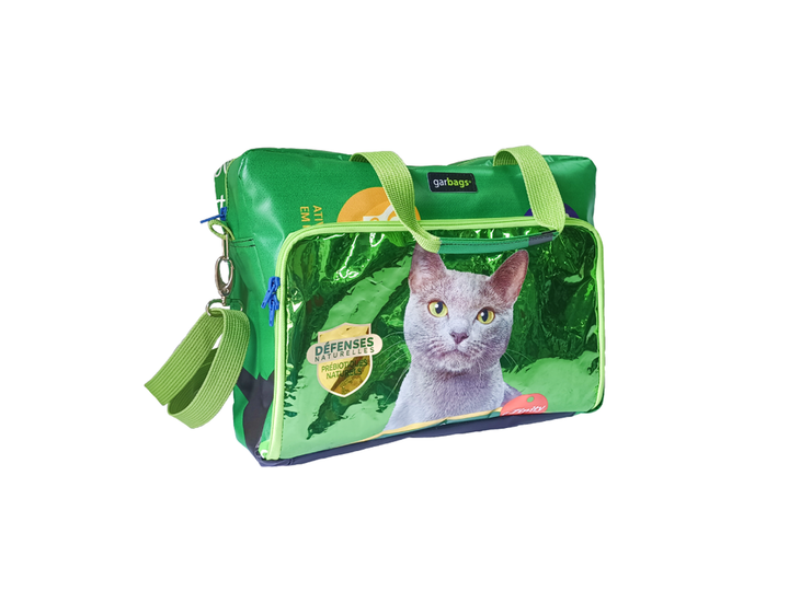computer bag pet food package green with grey cat