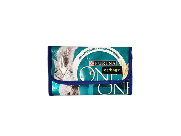 document holder pet food package blue and white letters & grey cat