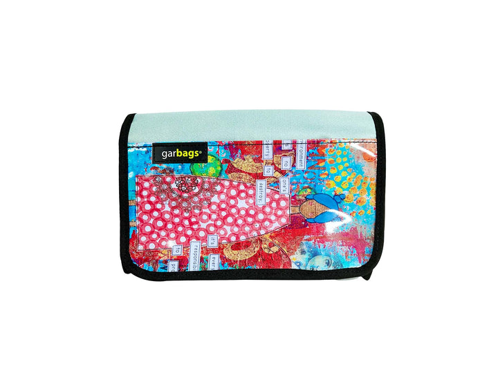 handlebar bag publicity banner patchwork of blue, red, pink, and yellow hues