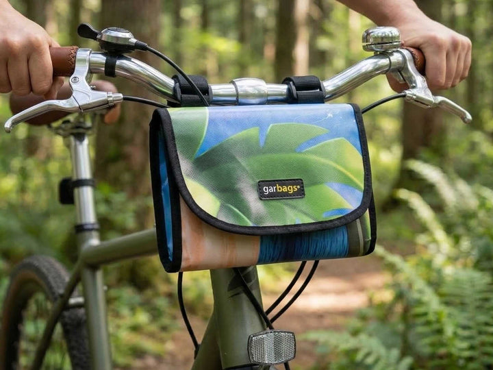 handlebar bag publicity banner blue & green leaf