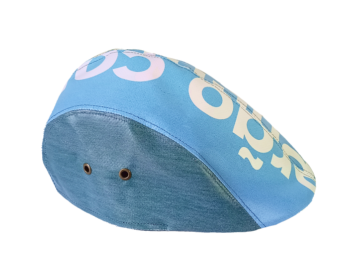 Portuguese Style Beret publicity banner blue & white letters