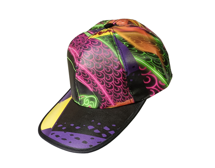 Cap Hat publicity banner black, purple, yellow & neon details