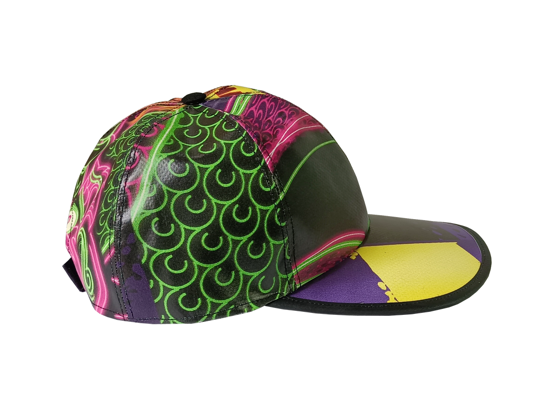 Cap Hat publicity banner black, purple, yellow & neon details