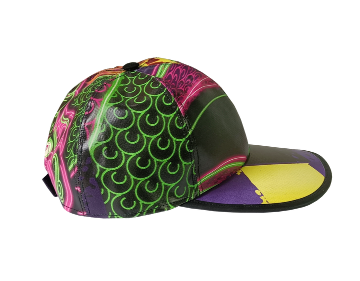 Cap Hat publicity banner black, purple, yellow & neon details