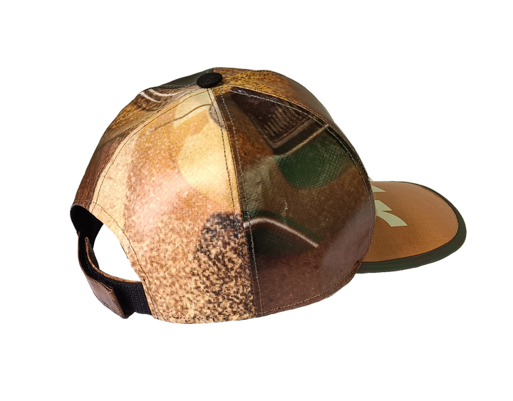 Cap Hat publicity banner brown, earth tones & white letters