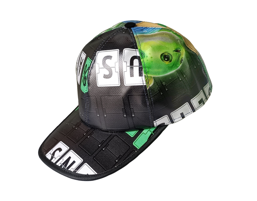 Cap Hat publicity banner black, white letters & green details