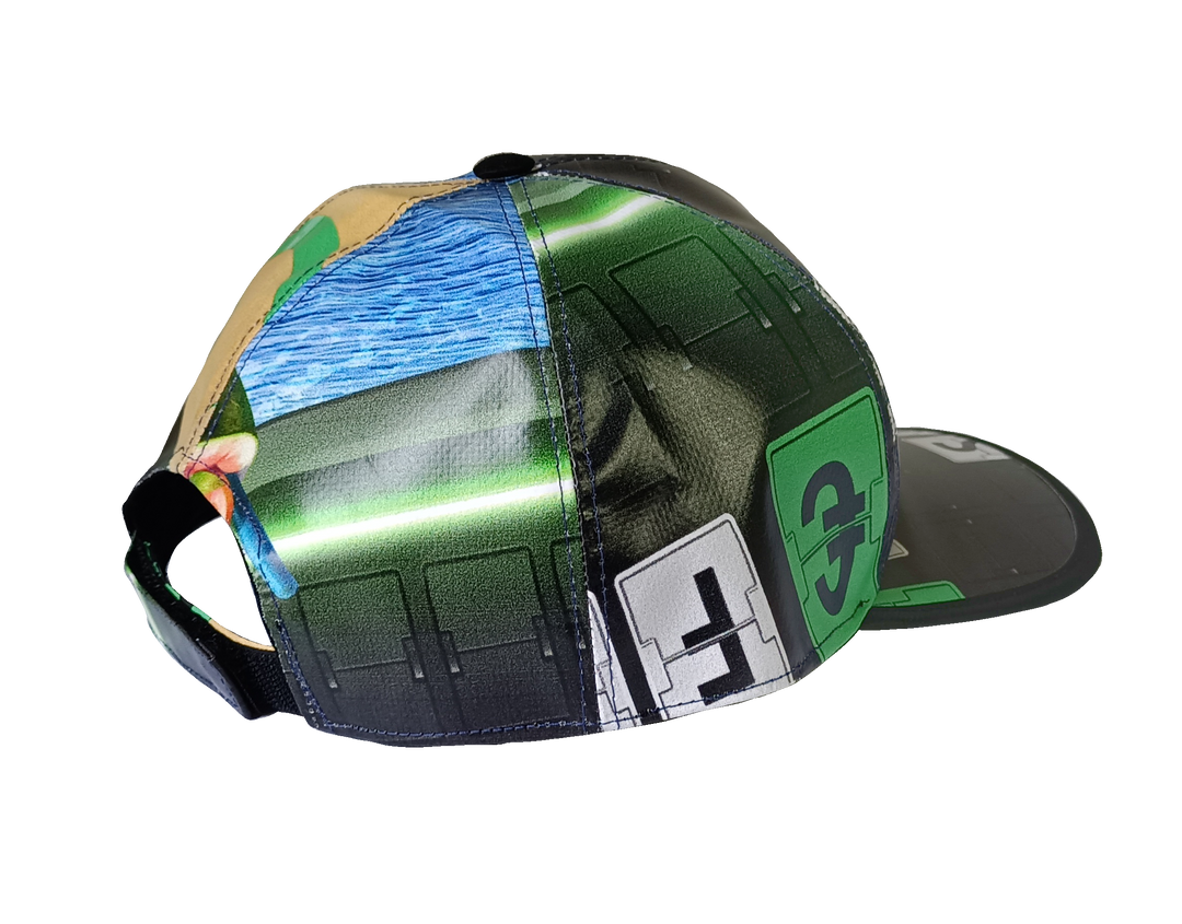 Cap Hat publicity banner black, white letters & green details