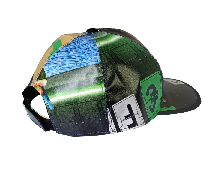 Cap Hat publicity banner black, white letters & green details