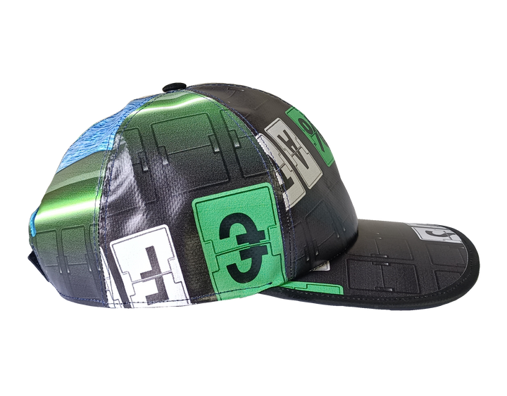 Cap Hat publicity banner black, white letters & green details