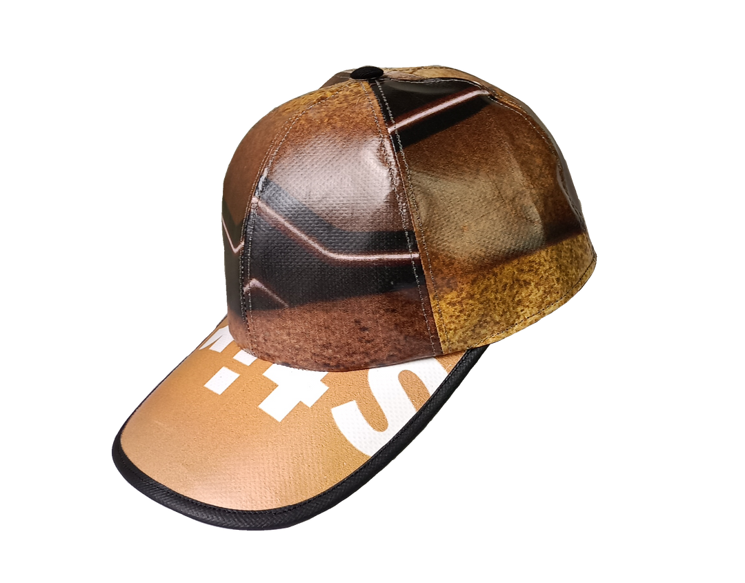 Cap Hat publicity banner brown, earth tones & white letters