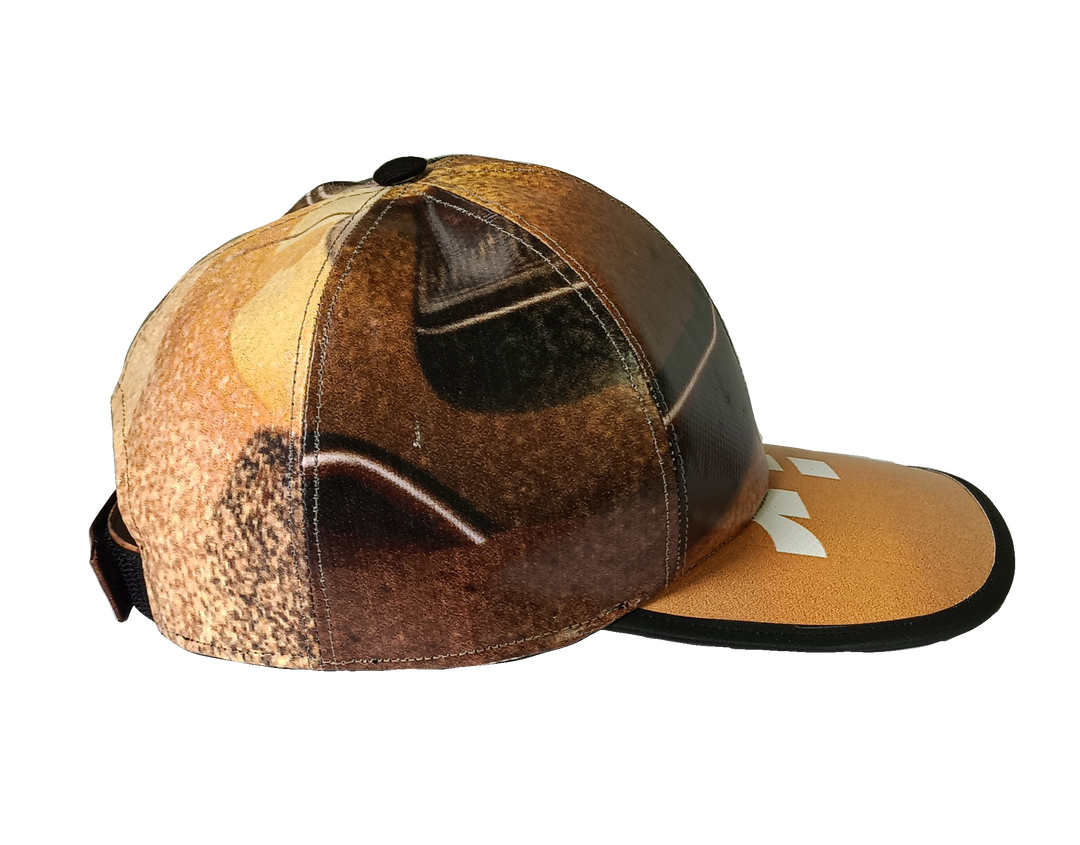 Cap Hat publicity banner brown, earth tones & white letters