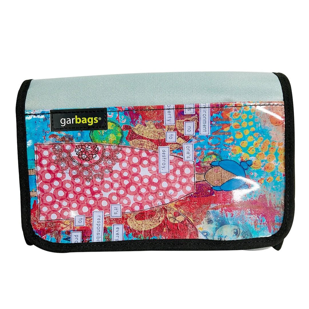 handlebar bag publicity banner patchwork of blue, red, pink, and yellow hues