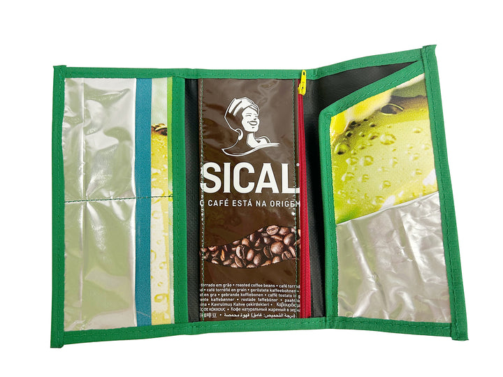 document holder coffee package blue, brown & green