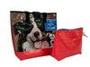 shopping bag with clutch pet food package black, white & brown dog